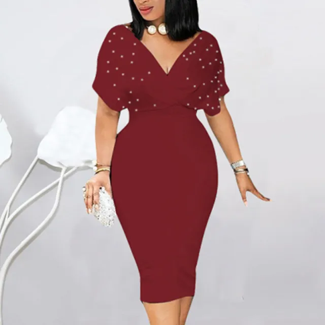 Women's Elegant Deep V Neck Wrap Bodycon Dress Back Zipper Pencil Midi Dress Wine Red - Shop at LoveMi