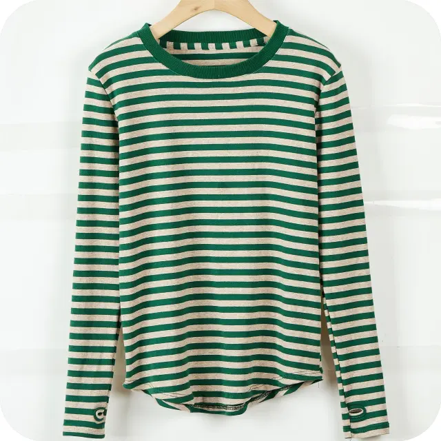 Women's Striped T shirt Long Sleeve Bottoming Shirt Green - Shop at LoveMi