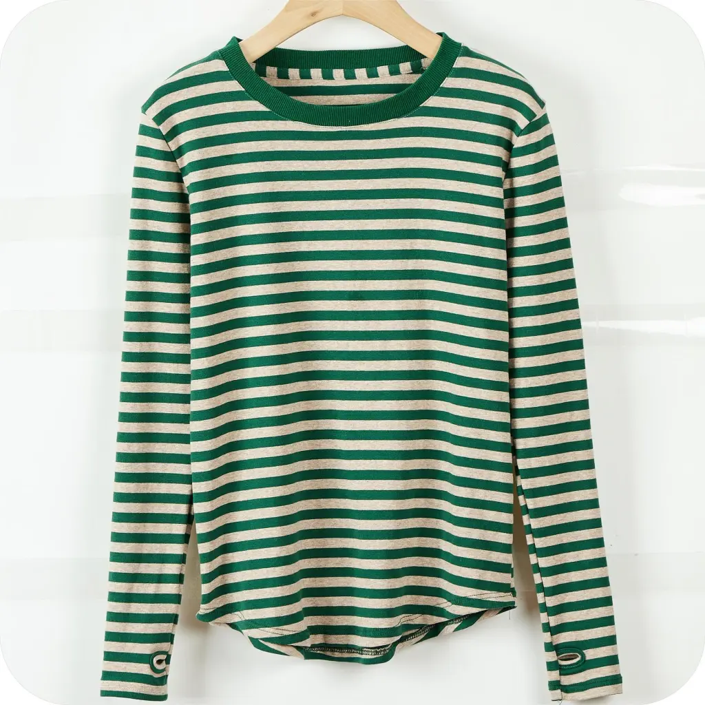 Women's Striped T-shirt Long Sleeve Bottoming Shirt - Green