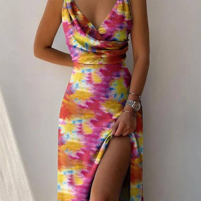 V neck Slit Sling Dress Summer Fashion Sexy Slim Suspender Dresses For Women Clothing Red Flower - Shop at LoveMi