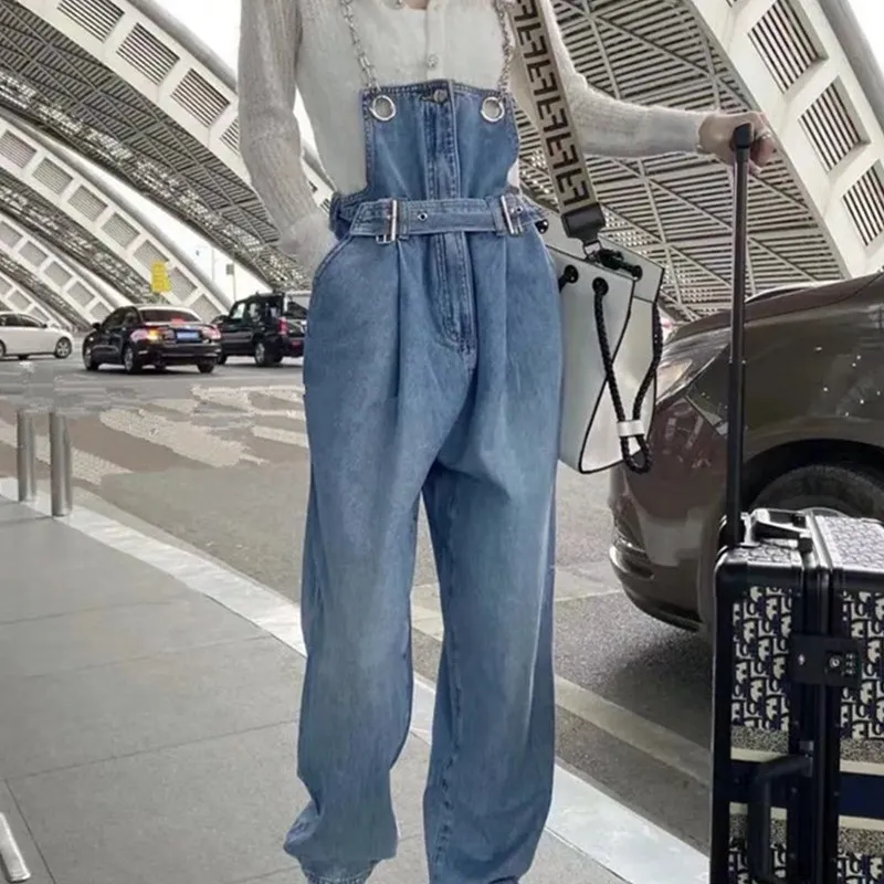 Women's Fashion Chain Strap Straight Leg Pants - Blue