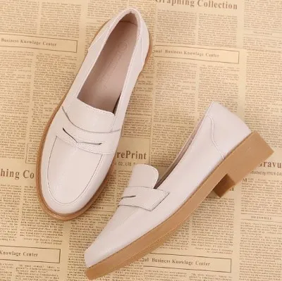 Small Leather Shoes Female British Style Thick Heel Black Retro Japanese Loafers Mid heel Shoes Apricot - Shop at LoveMi