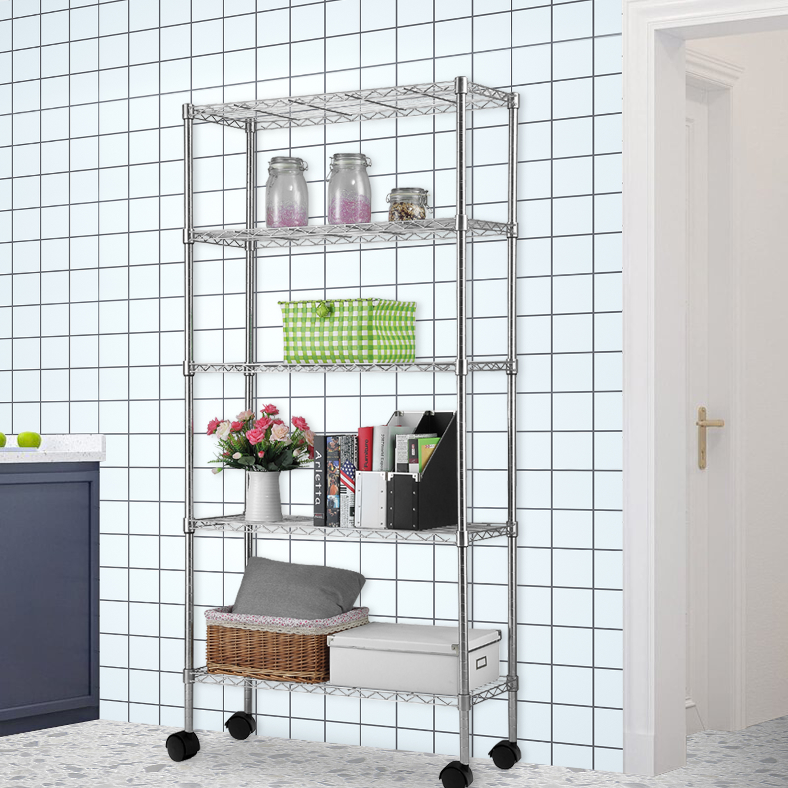 5-Layer Chrome Plated Iron Shelf With 1.5in Nylon Wheels 165x90x35 Chrome product image