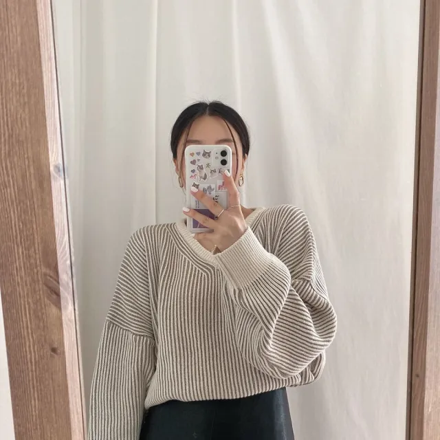 Temperament Loose Doll Sleeve V Neck Striped Sweater Khaki - Shop at LoveMi