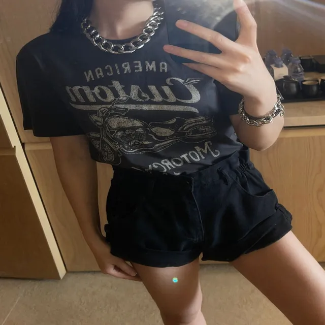Style Retro Distressed Printed Short sleeved Women's Round Neck Loose Photo Color - Shop at LoveMi