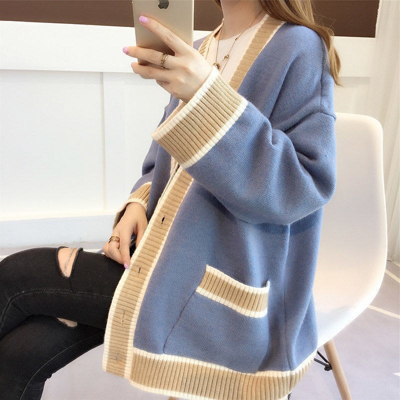 Loose Fashion Color Matching Temperament Knitted Cardigan