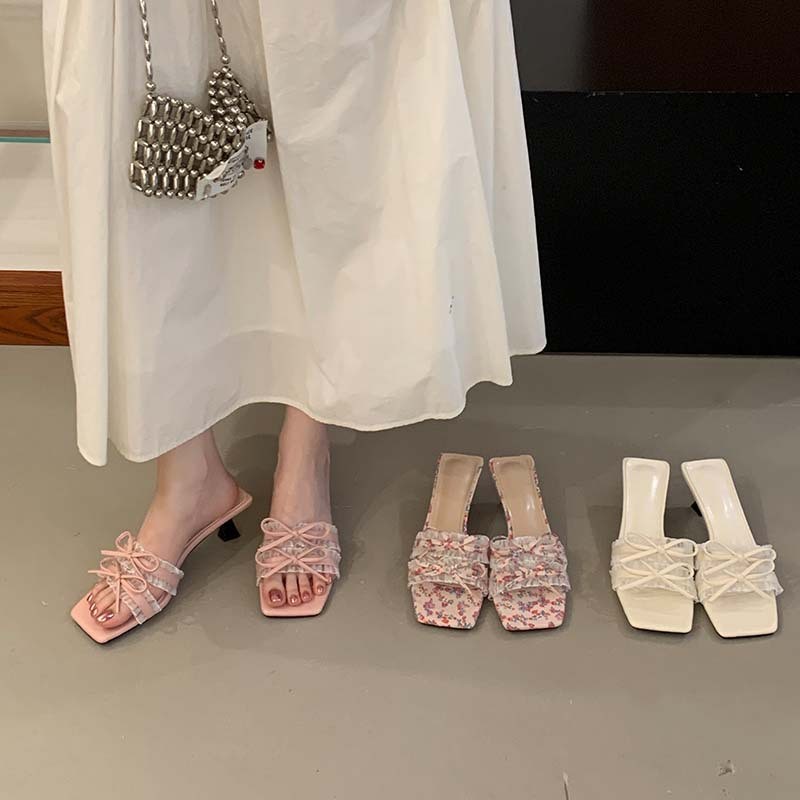 2026 Summer Women's Double Bow Slide Sandals, Mature Square Toe Open Toe Fashion Stiletto High Heel Outdoor Sandals