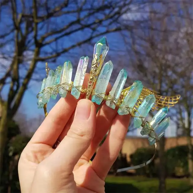 Hand wound Natural Plated Colorful Crystal Golden Wings Crystal Pillar Bridal Hair Band Green - Shop at LoveMi