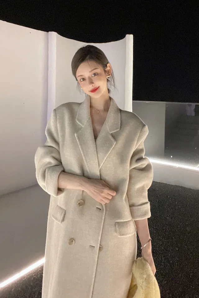 Oatmeal Double breasted Wool Coat Women's Mid length Loose Silhouette Oatmeal - Shop at LoveMi
