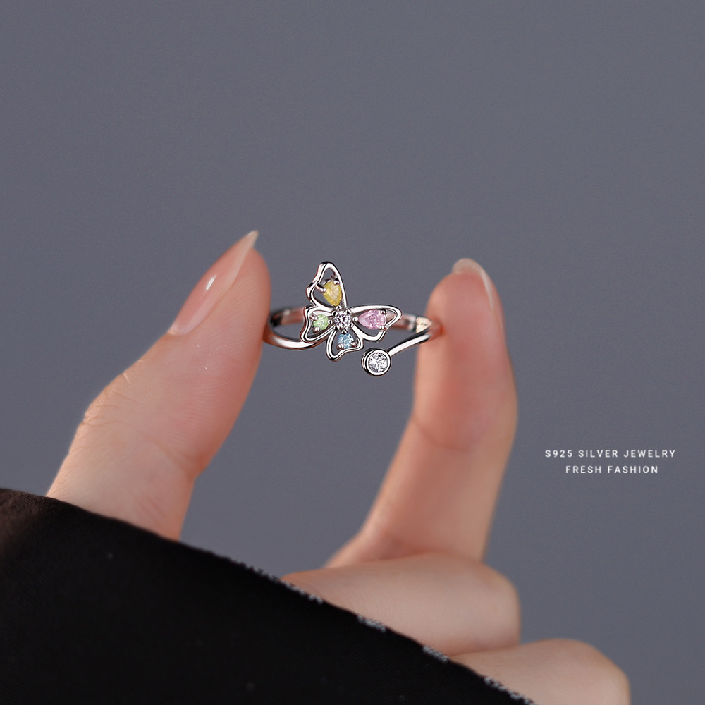 Sterling Silver Butterfly Color Diamond Rotary Ring Female