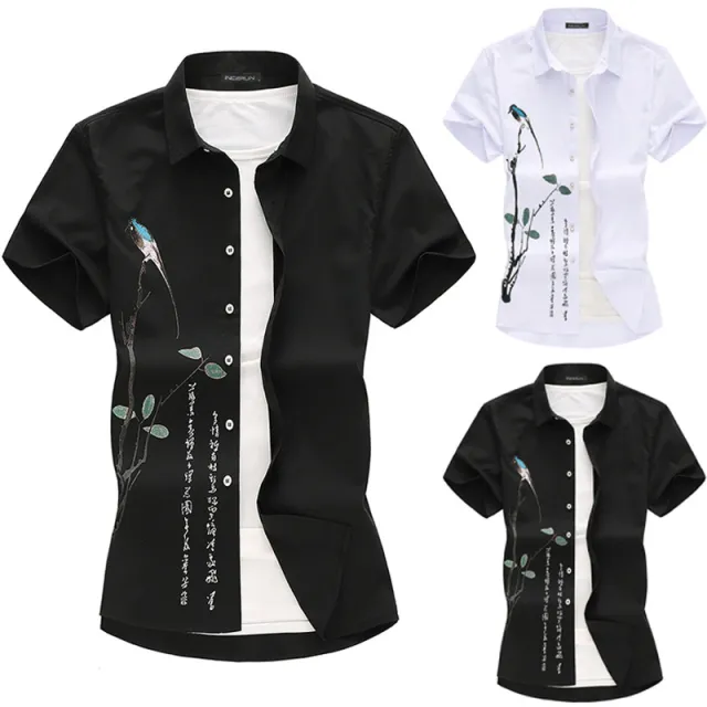 Men's Ethnic Style Ink Painting Print Short sleeved Shirt Black - Shop at LoveMi