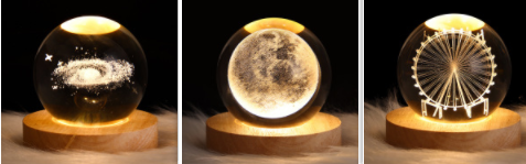 Kleine nachtlamp met kristallen bol, sterrenhemel en planeten – massiefhouten lampvoet, zonnestelsel 6 cm, 2 stuks