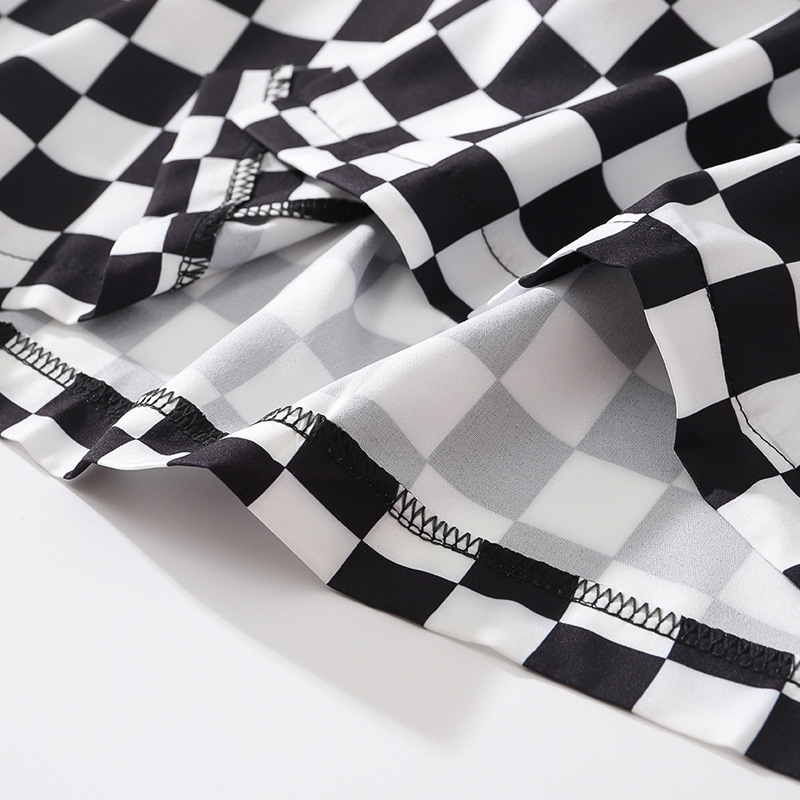 Title 13, Japanese Retro Black And White Plaid Print Shor...