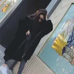Loose Thick Warm Long Hooded Fur Coat Women Jacket - Black - View 1