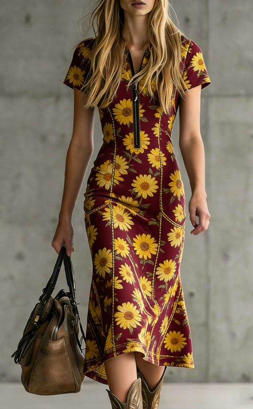 Vintage Western-style Slim Fit Dress With Print - Patchwork Short Sleeves And Zip-up Midi Length