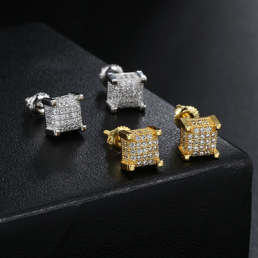2026 Autumn European & American Bestselling Square Stud Earrings For Men, Micro Paved Full Zircon Hip Hop Street Trend Popular Ear Jewelry