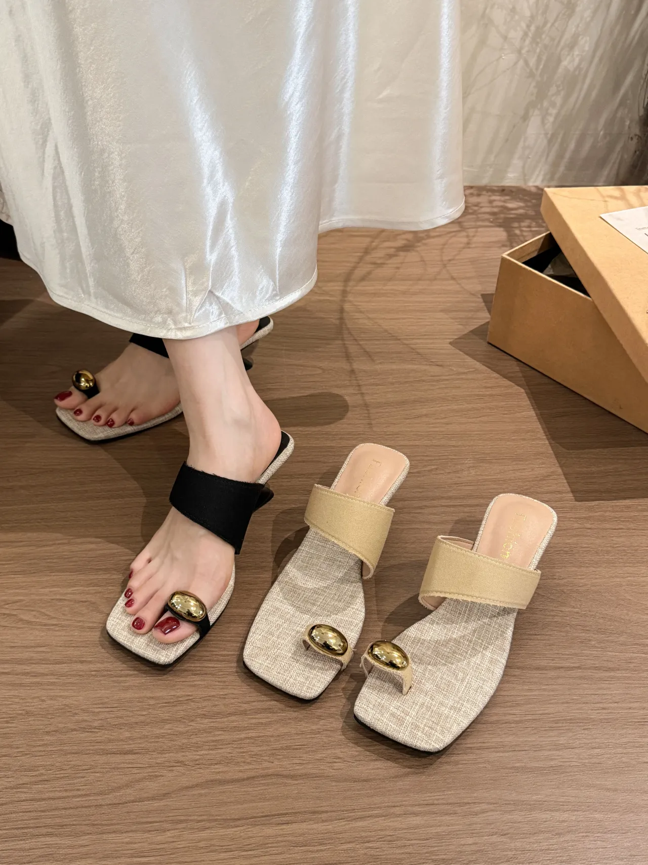Women French Style Wedge Thong Slide Sandals