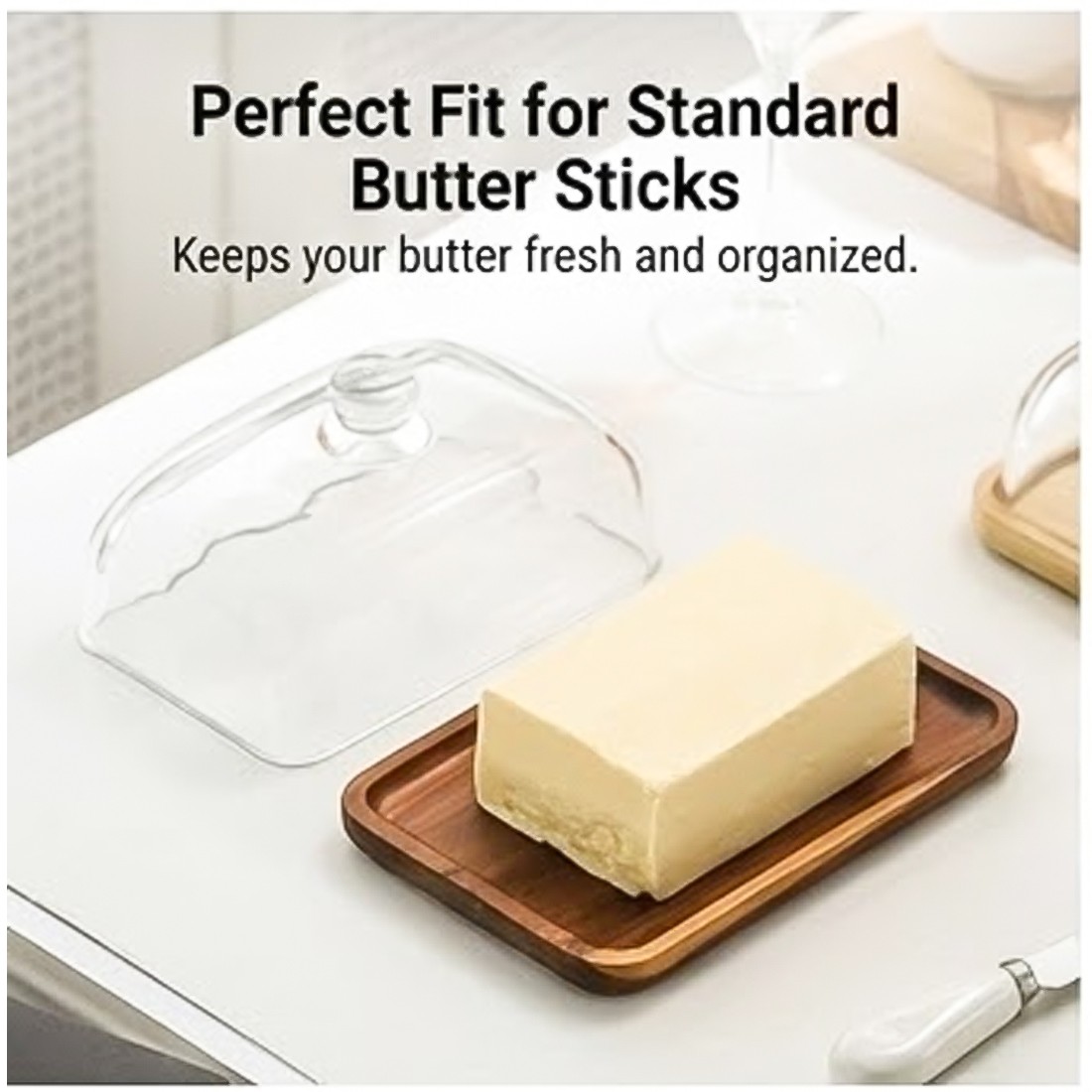 NEW Glass Butter Dish With Lid & Bamboo Base Tray Vintage Acacia Wood UK — image 3