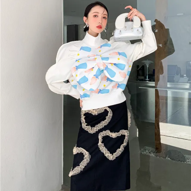 Cotton Large Bow Bubble Sleeve Sweater White - Shop at LoveMi