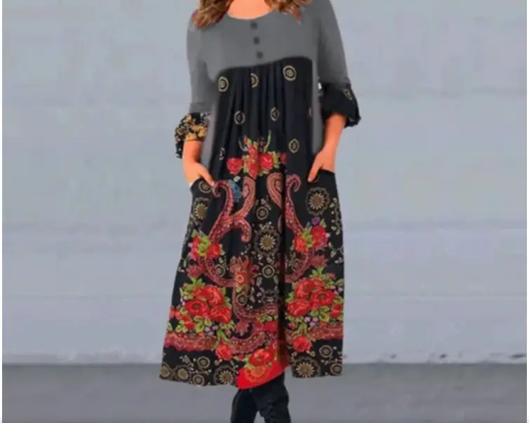 Round Neck Pullover High Waist National Style Retro Print Dress