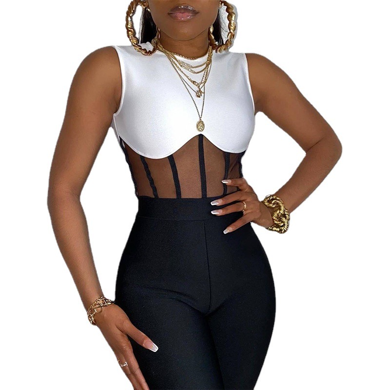 Cross-border Black And White Stitching Mesh See-through Women's Tight Dress