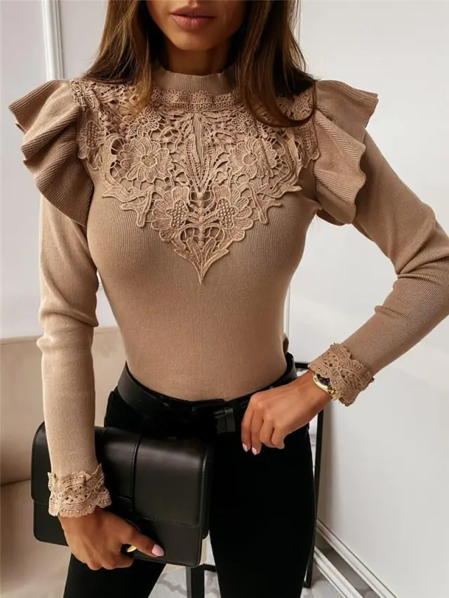 Autumn And Winter Long sleeved Round T4503XHneck Lace Decora Beige - Shop at LoveMi