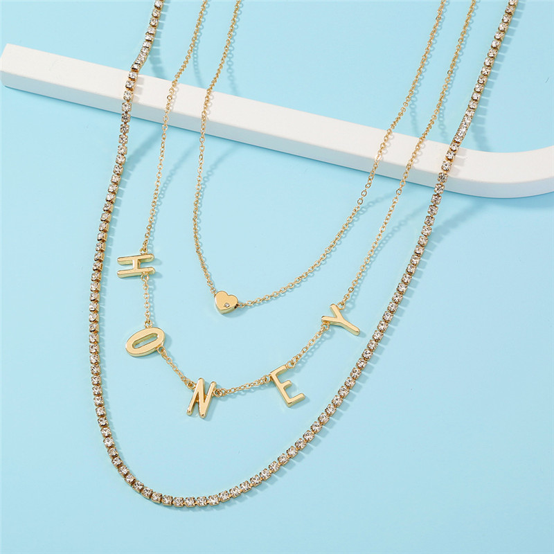 Shiny Rhinestone Honey Letter Tassel Multilayer Necklace