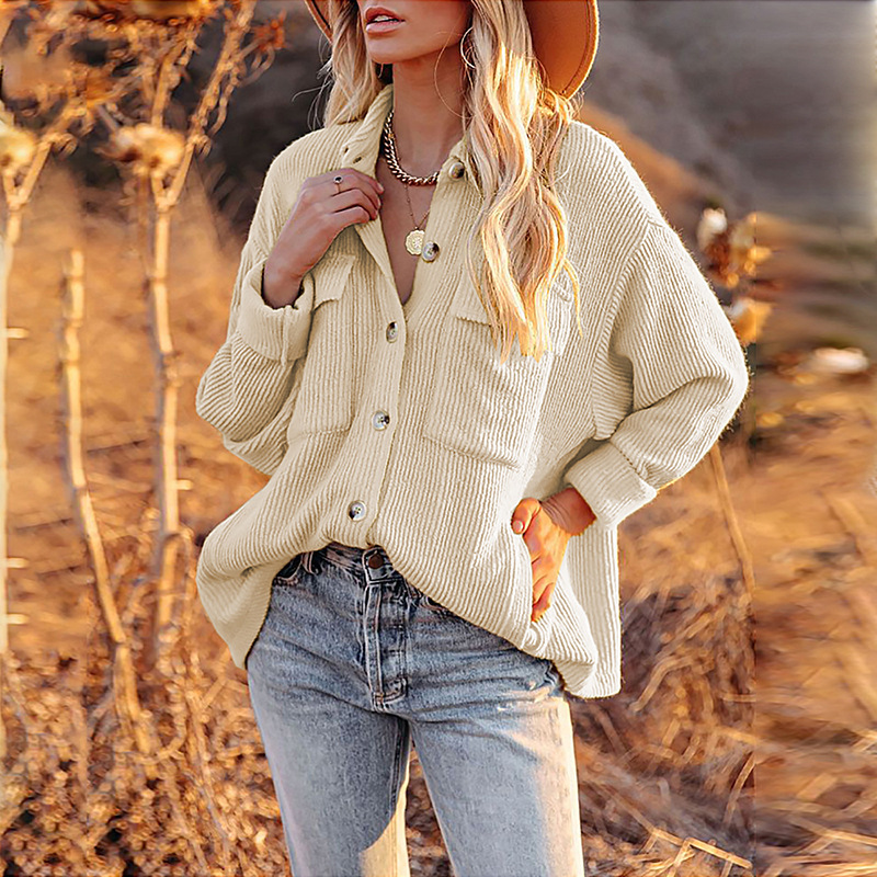 Title 8, Solid Color Loose Corduroy Pocket Long Sleeve C...