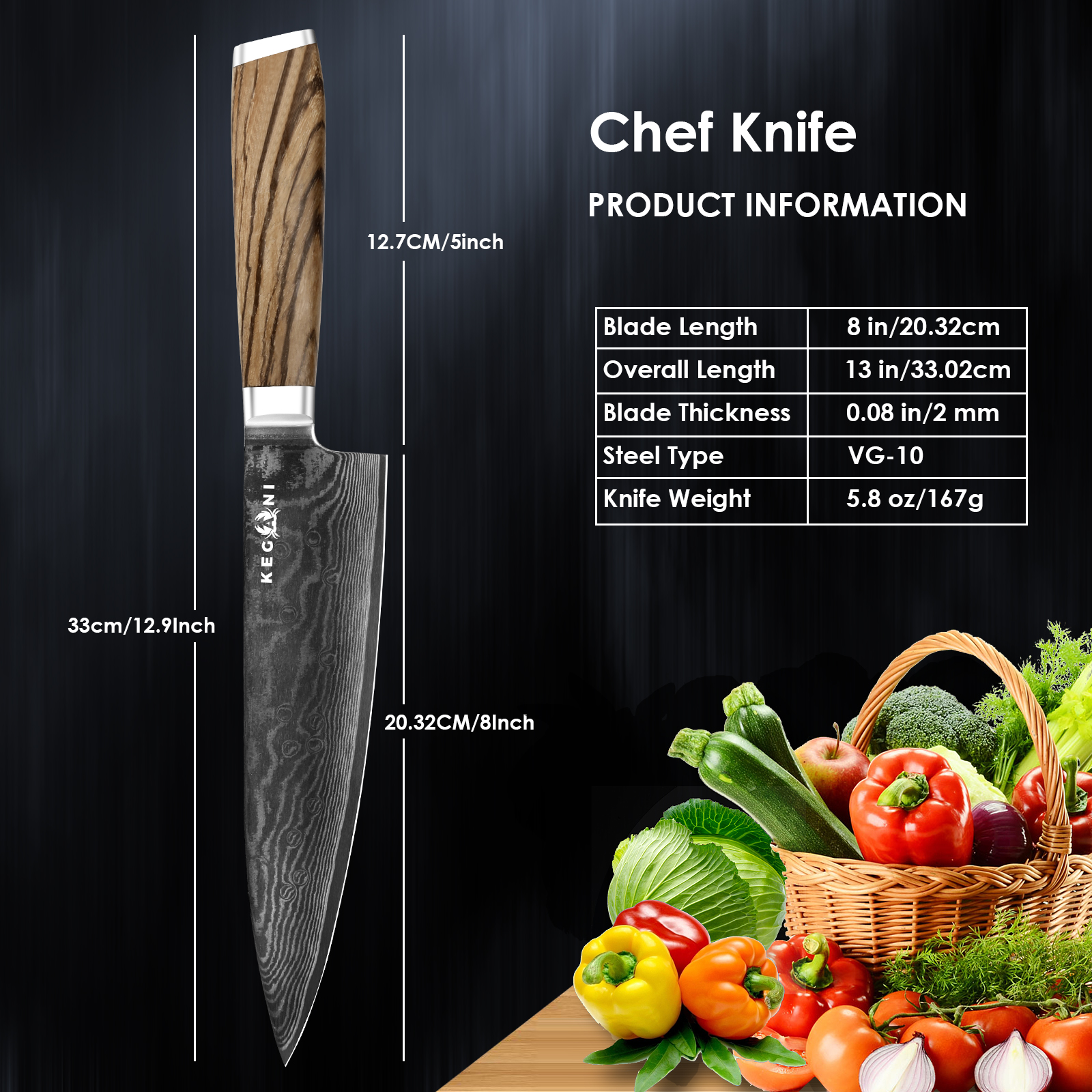 Kegani Chef Knife - 8 Inch Japanese Knife, 67 Layers Japanese VG-10 Damascus Steel Ultra Sharp Kitchen Knife, Professional Chef Knife Gyuto Knife- Ergonomic Full Tang Handle