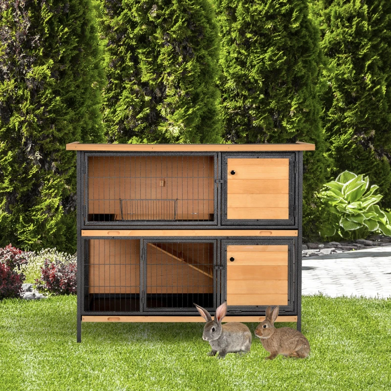 2-Story Large Rabbit Hutch Bunny Cage Wooden Pet House Metal Frame With Rooms, Ramp, No Leak Tray, Feeding Trough, Waterproof Asphalt Roof For Rabbits, Chickens, Ducks, OutdoorIndoor