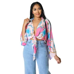 Women's Fashion Print Long Sleeve Flared Sleeve Crop Top - Pink - View 1