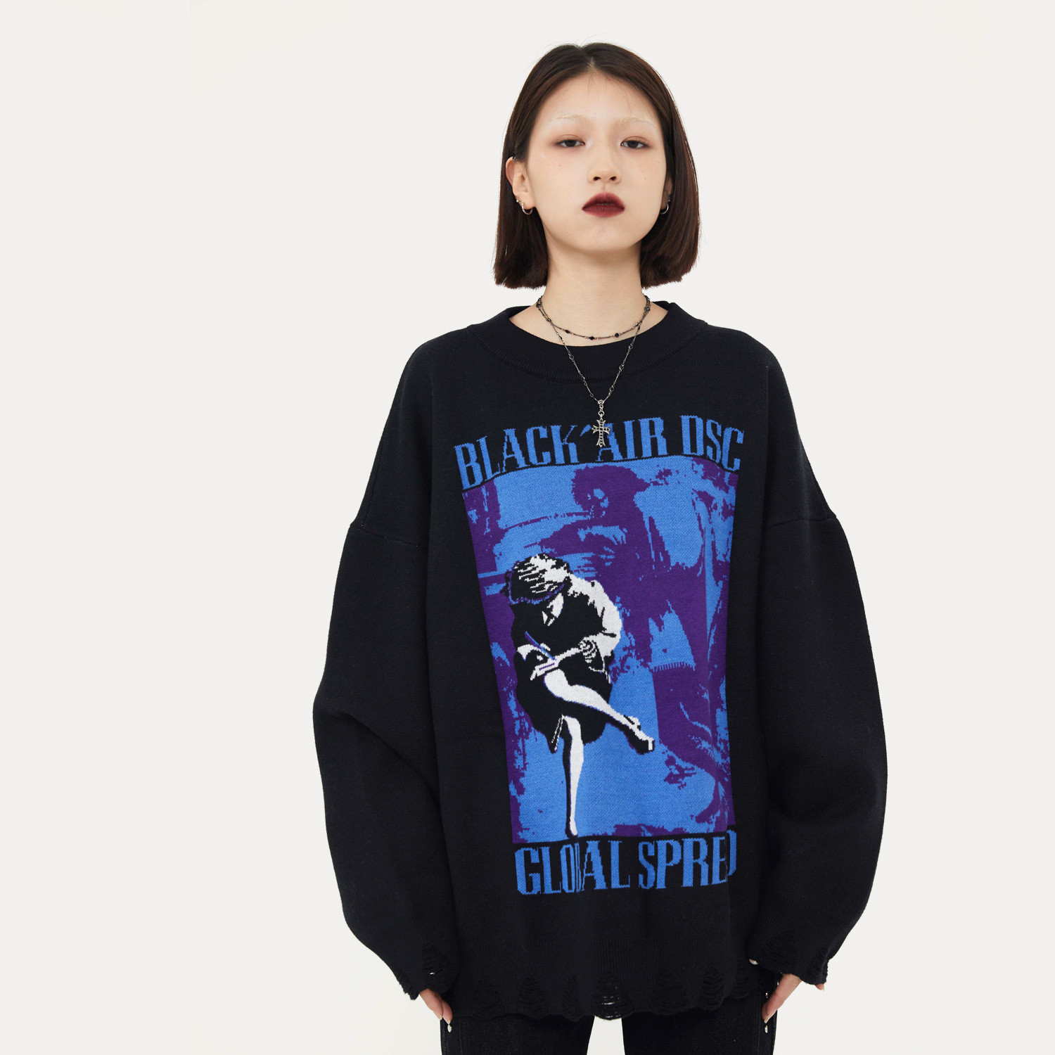 Sweater Wormhole Destruction American Street Sweater Retro Black