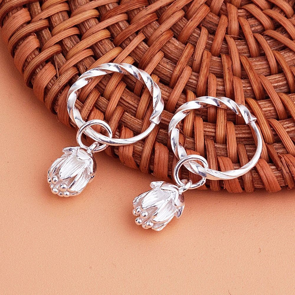 9999 Pure Silver Earrings For Women Solid Plain Silver Lotus Shaped Ear Cuffs Flattering For Large Face Girls Gifts For Ladies