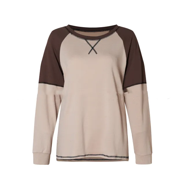 Long Sleeve Stitching Round Neck Casual T shirt Loose Ladies Top Beige - Shop at LoveMi