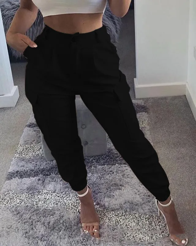 Women's Solid Color Slim Fit Cargo Pants Black - Shop at LoveMi
