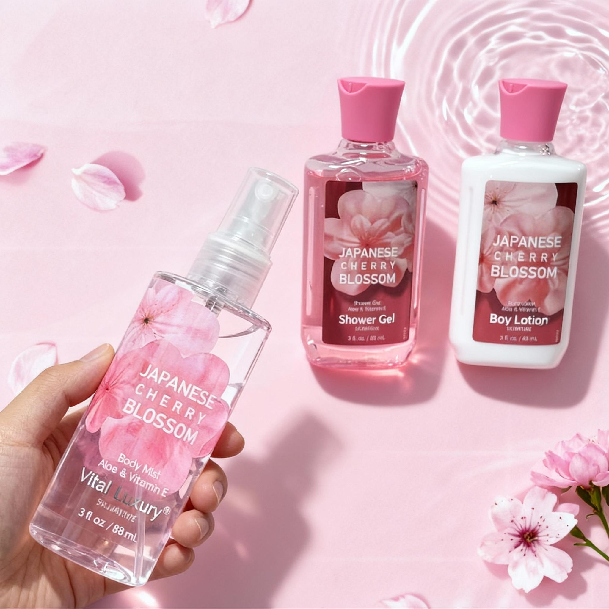 Portable 3pc Travel Body Care Kit-Cherry Blossom & Cotton Candy Fragrance-Refreshing Shower Gel, Moisturizing Lotion & Body Mist Set 6