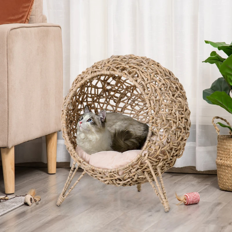Weaved Cat Bed, Elevated Hand-woven Braided Banana Leaf Kitten House Condo With Cushion, Beige