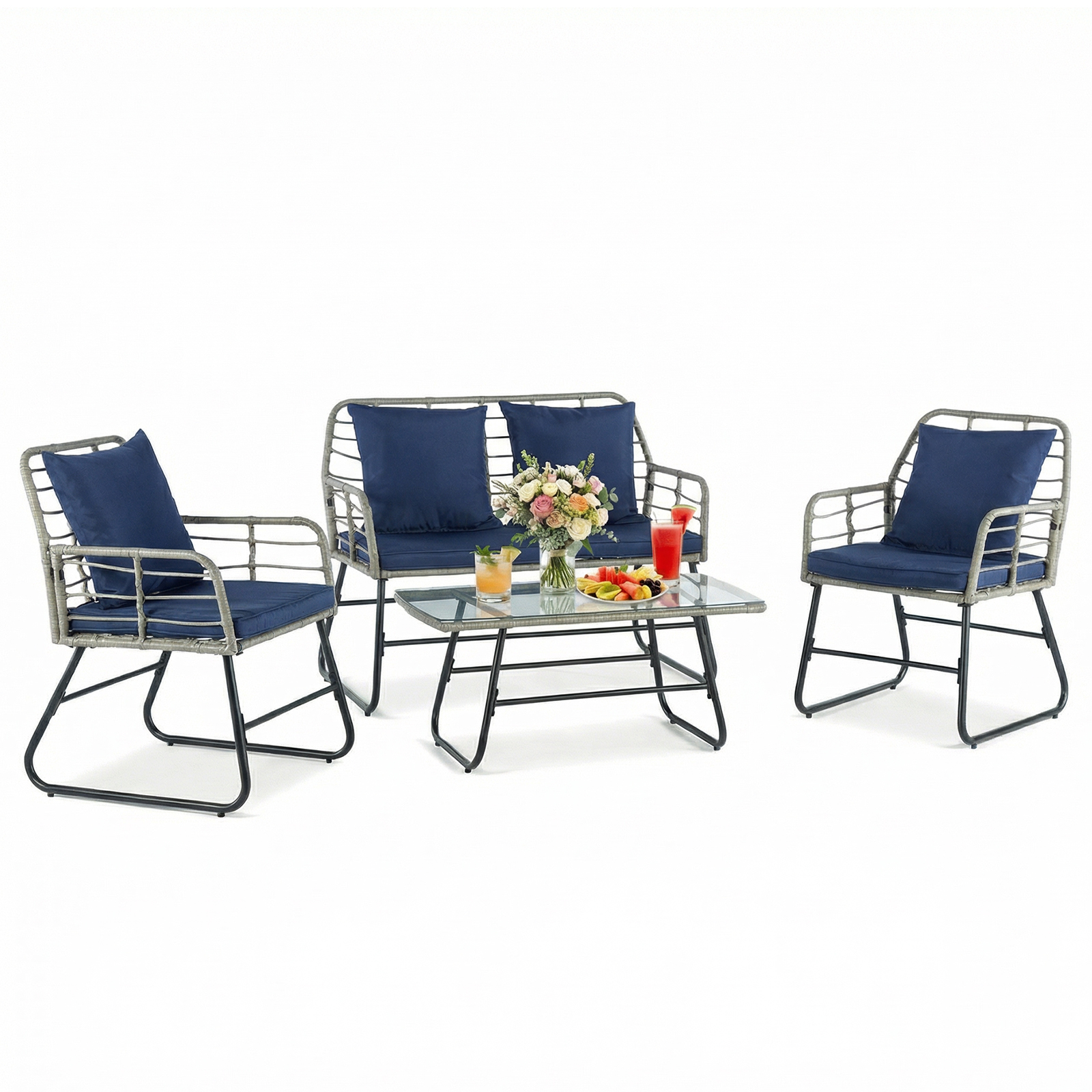 Outdoor Four-piece Garden Furniture Set, Rattan Garden Set, Equipped With Thick Interlayer Structure Cushions, Deep-set All-weather Rattan Sofa
