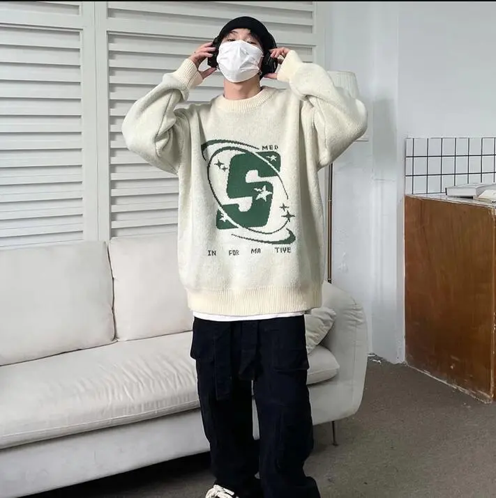 American Autumn Winter Retro Round Neck Loose Sweater Coat Sweater - White