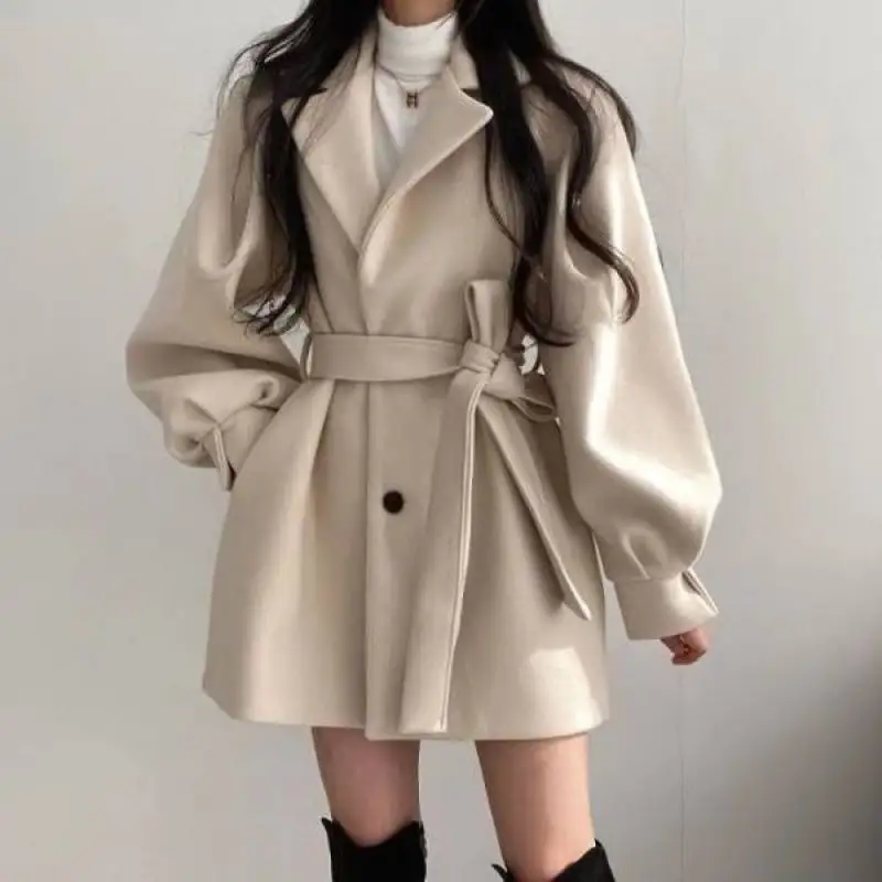 Loose Wind Coat Women's Woolen with Suit Collar Mid-length