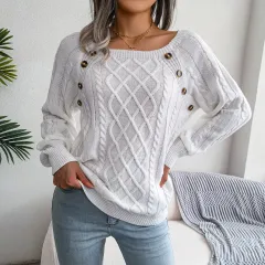 Square Neck Button Fried Dough Twists Knitting Pullover Sweater - White - View 1