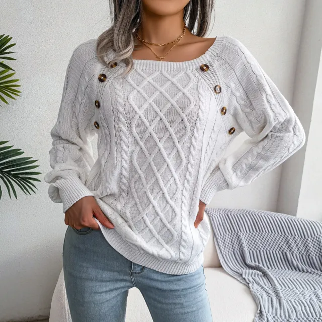 Square Neck Button Fried Dough Twists Knitting Pullover Sweater White - Shop at LoveMi