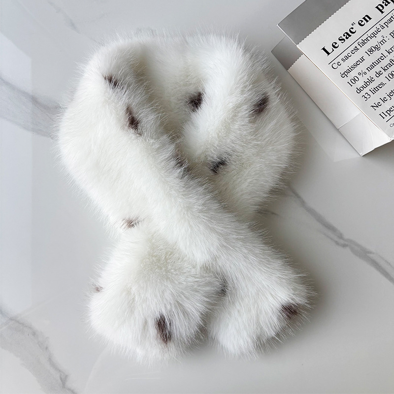 Natural Spotted Leopard Print Plush Cross Neck Scarf With A Korean-style Gentle Style For Autumn And Winter Daily Outings