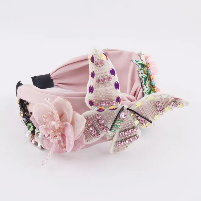 Fabric Flannel Butterfly Diamond Sequin Flower Headband Pink - Shop at LoveMi