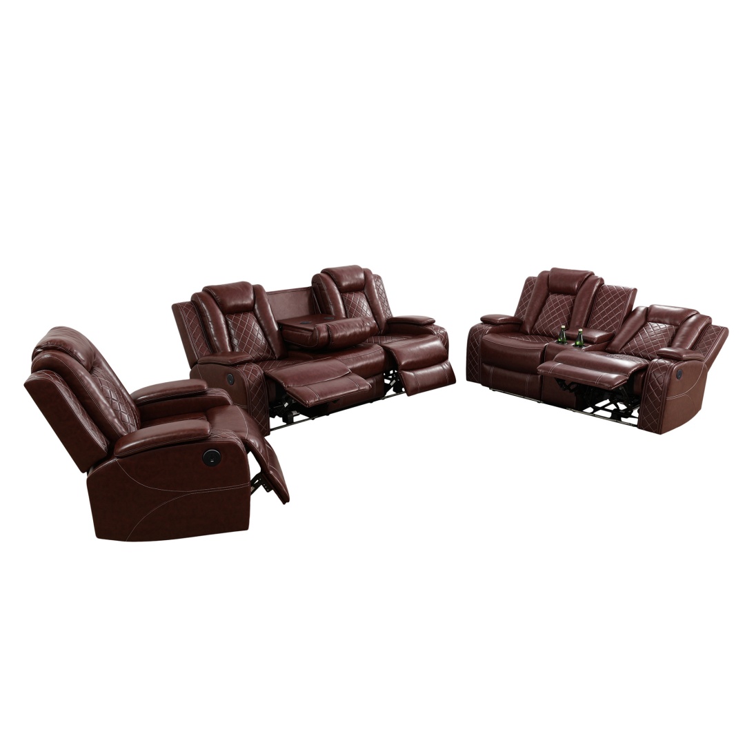Pickup Only--Red Breathing Leather 3-Piece Living Room Recliner Sofa Set
