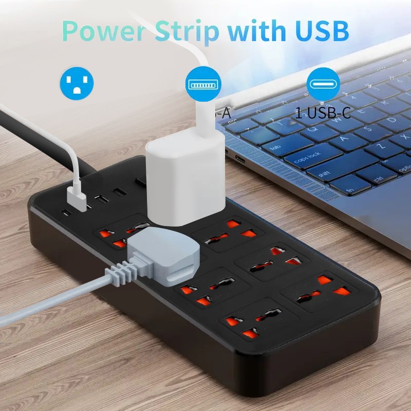 Extension Lead Cable Electric Mains Power 8 Gang 3 USB 1 Type-C Port Plug Socket