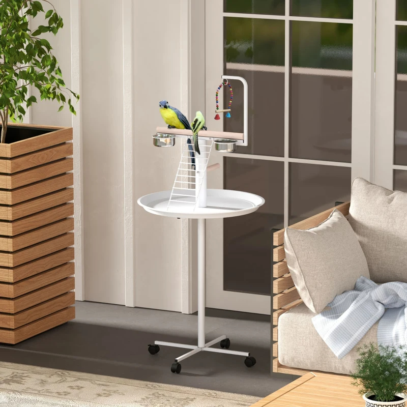 PawHut Bird Stand With Wheels, Perches, Feed Bowls, Round Tray For Parrot