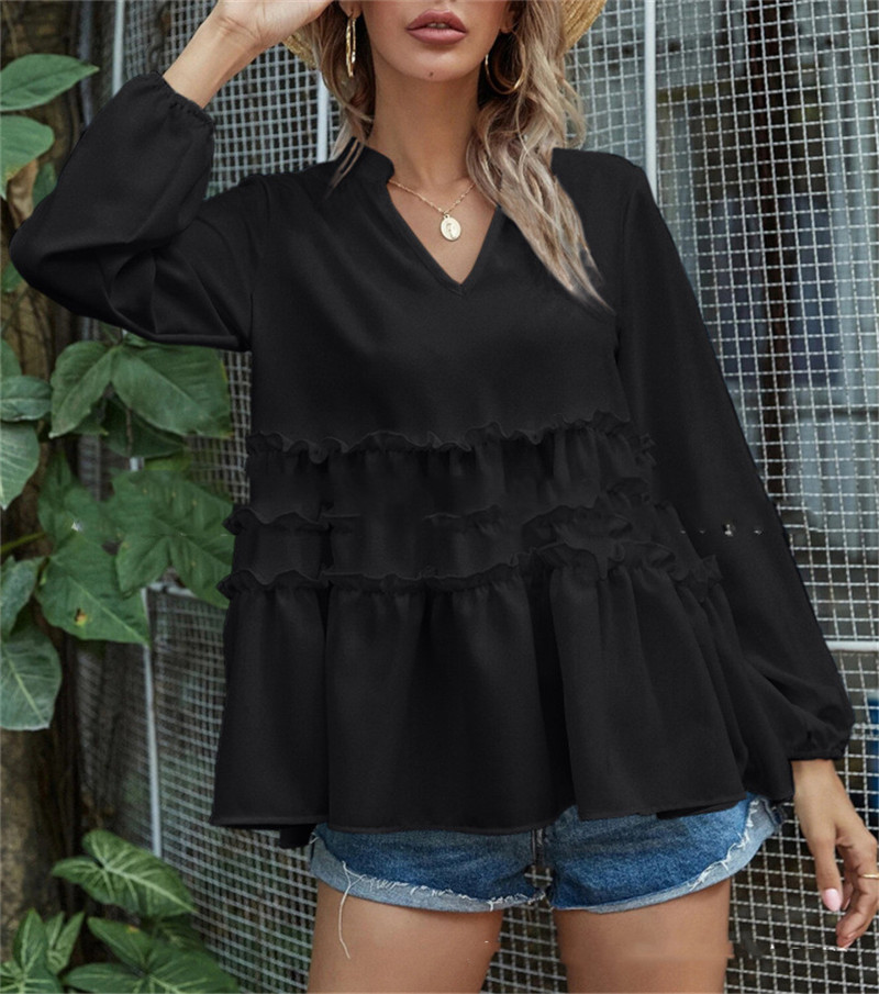 Solid Color V-neck Frill Ruffled Hem Shirt