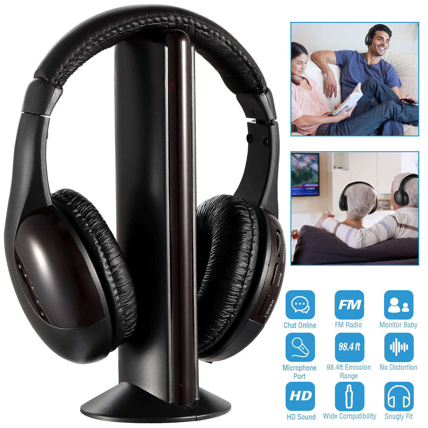 Wireless RF Headphones HiFi Over Ear Headsets RF Transmitter Receiver With MicY-shaped Cable Monitoring Earphone 98.4ft Range For TV Radio CD