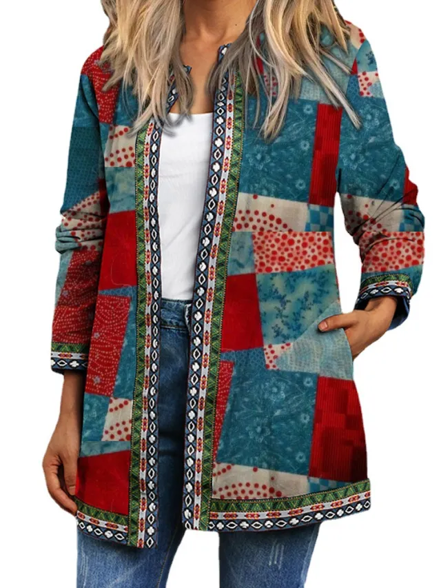 Vintage Ethnic Print Long Sleeve Jacket Blue - Shop at LoveMi